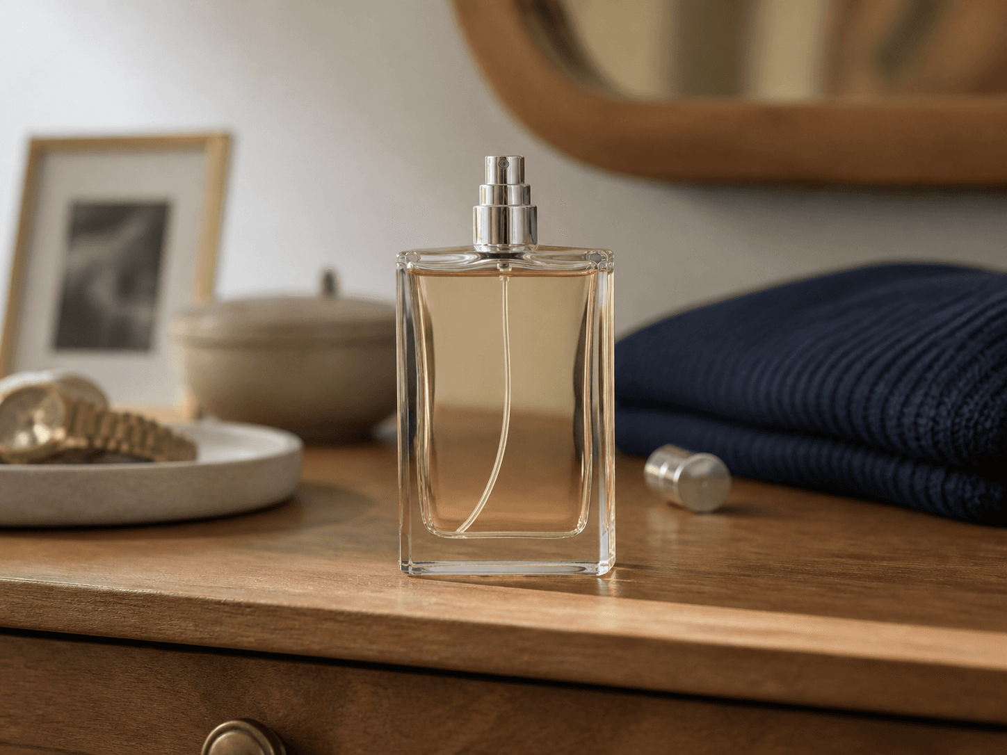 Perfume Spray Bottle used for a fragrance still on a dresser at year three in a bottles kept for years setting
