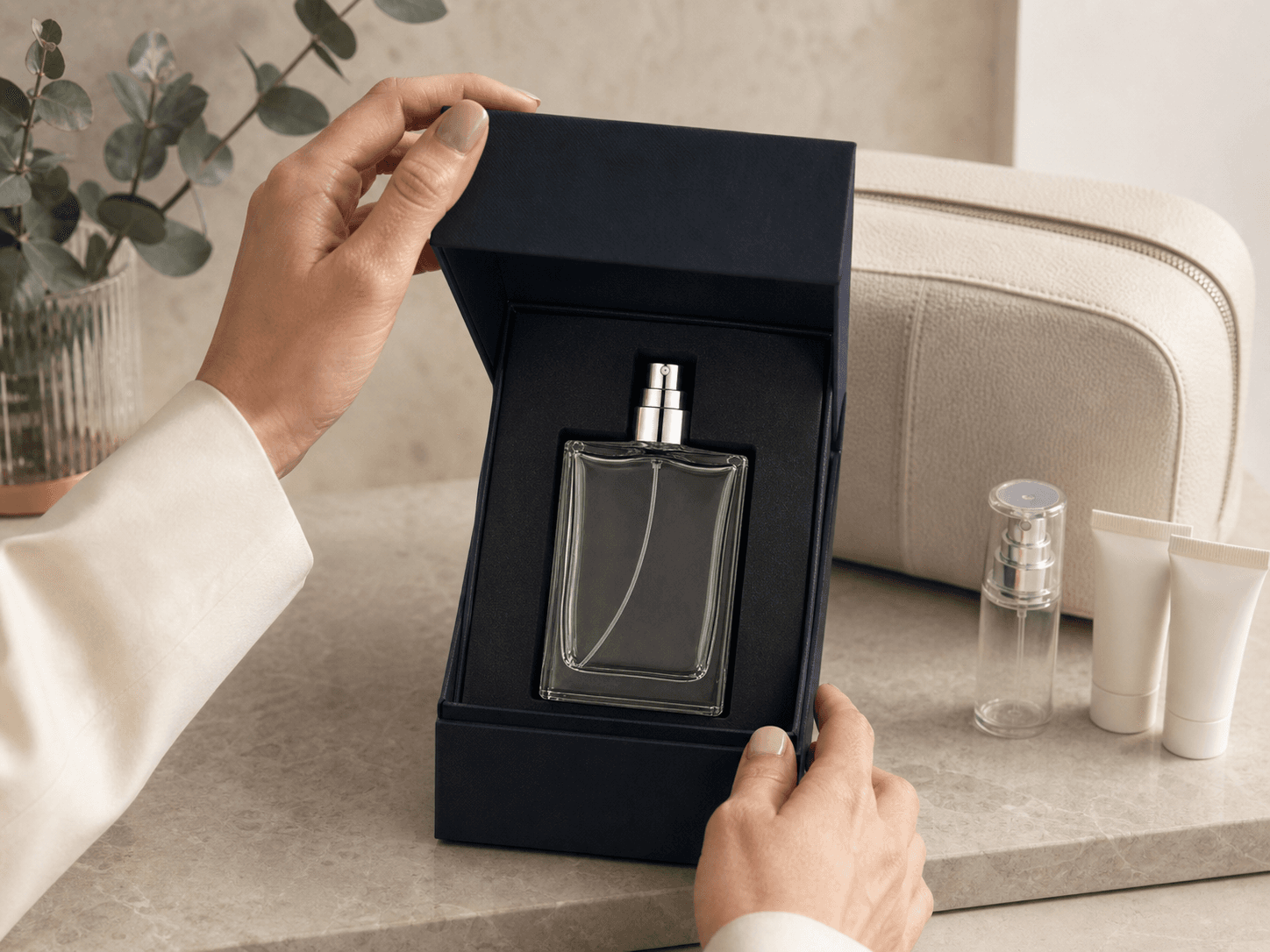Perfume Spray Bottle used for boxed presentation and travel-retail sets in a gifting setting