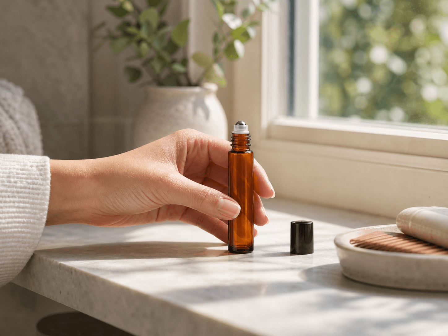Roll-on Essential Oil Bottle used for oils kept where the light reaches them in a blends left on a sill setting