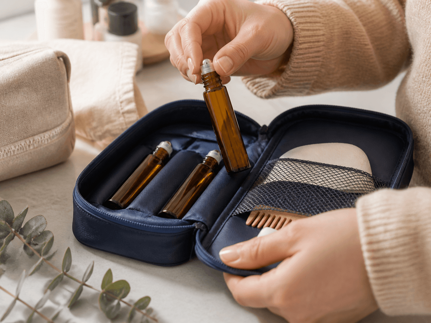 Roll-on Essential Oil Bottle used for blend collections and travel kits in a wellness sets setting