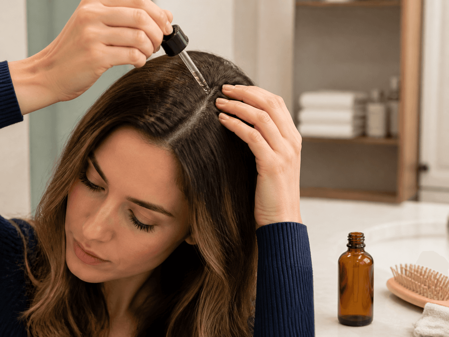 Scalp Serum Dropper Bottle used for a course of treatment used over months in a bathroom cabinets setting