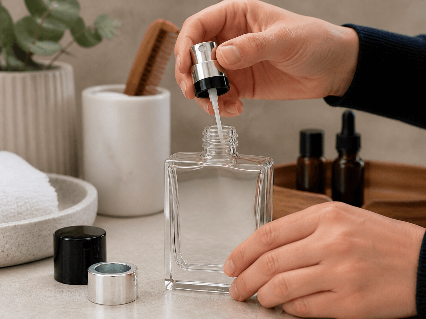 Screw-neck Perfume Bottle used for standard finishes and component choice in a flexible sourcing setting
