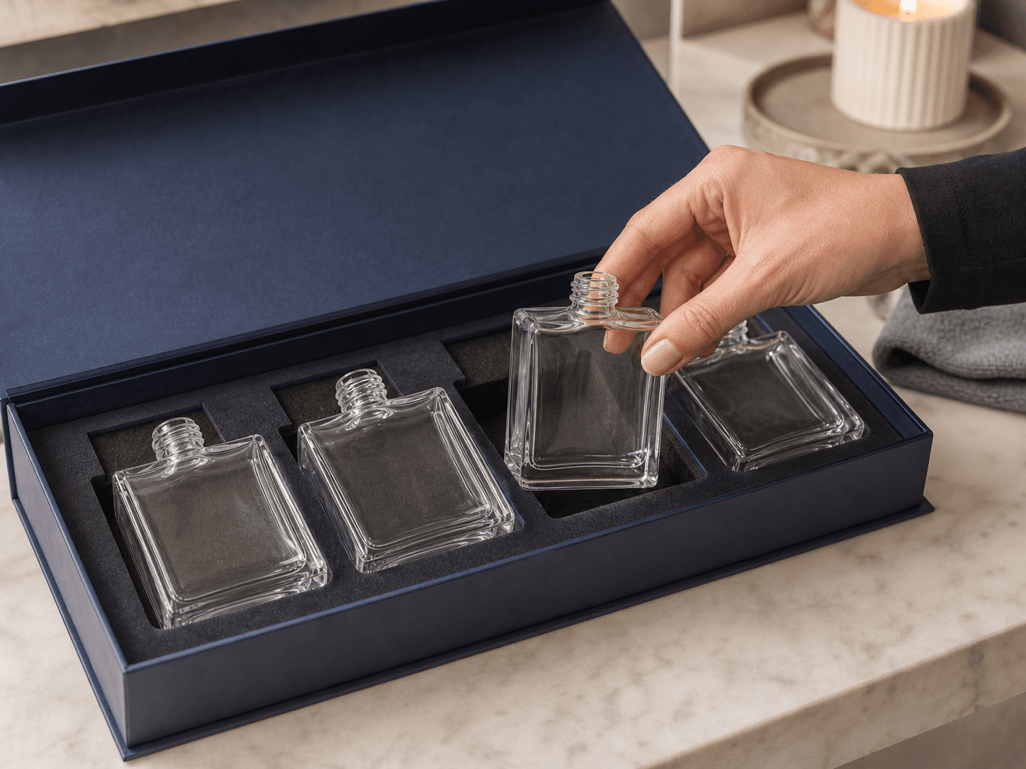 Screw-neck Perfume Bottle used for square bottles in gift and collection sets in a presentation setting