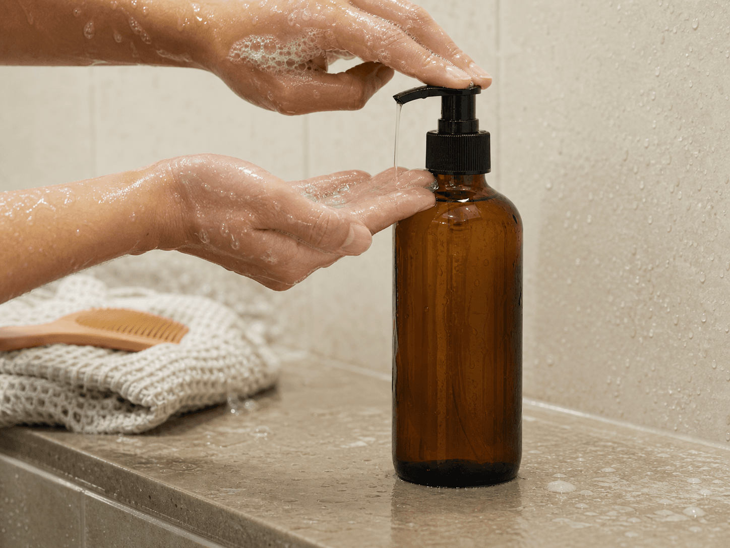 Shampoo Bottle used for everyday and clarifying shampoos in a wash routine setting