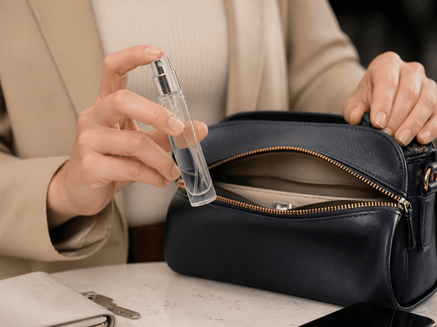Travel Perfume Bottle used for handbag and pocket touch-ups in a daily carry setting