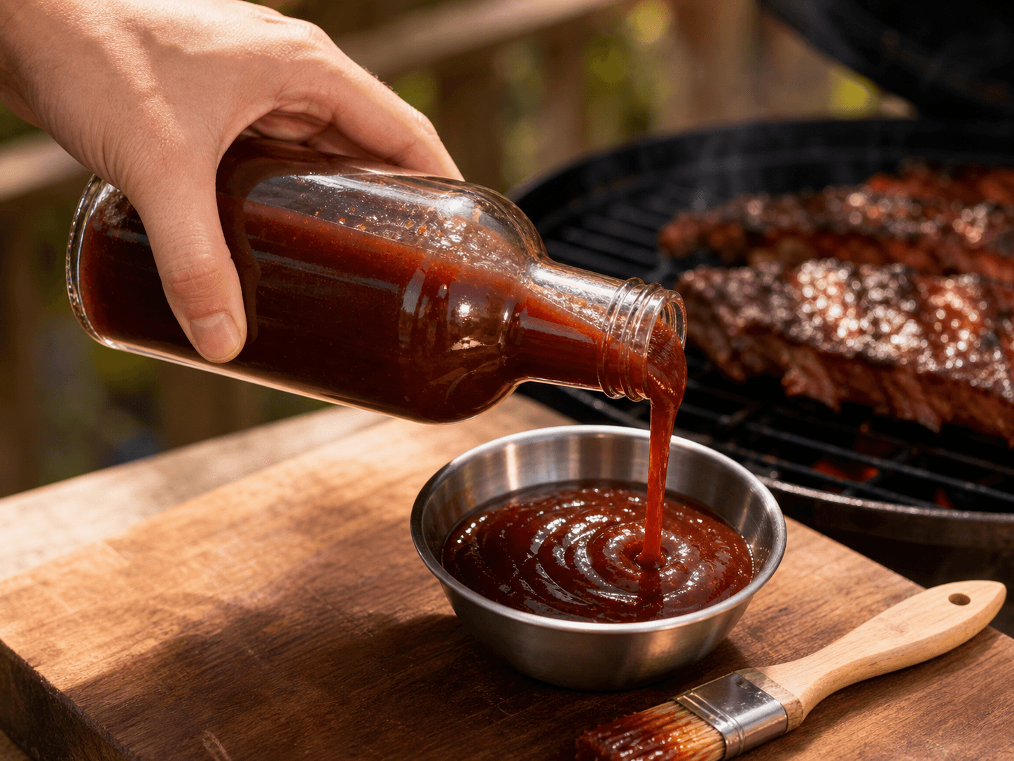BBQ Sauce Bottle used for tomato, molasses & smoky bbq sauce in a classic barbecue setting