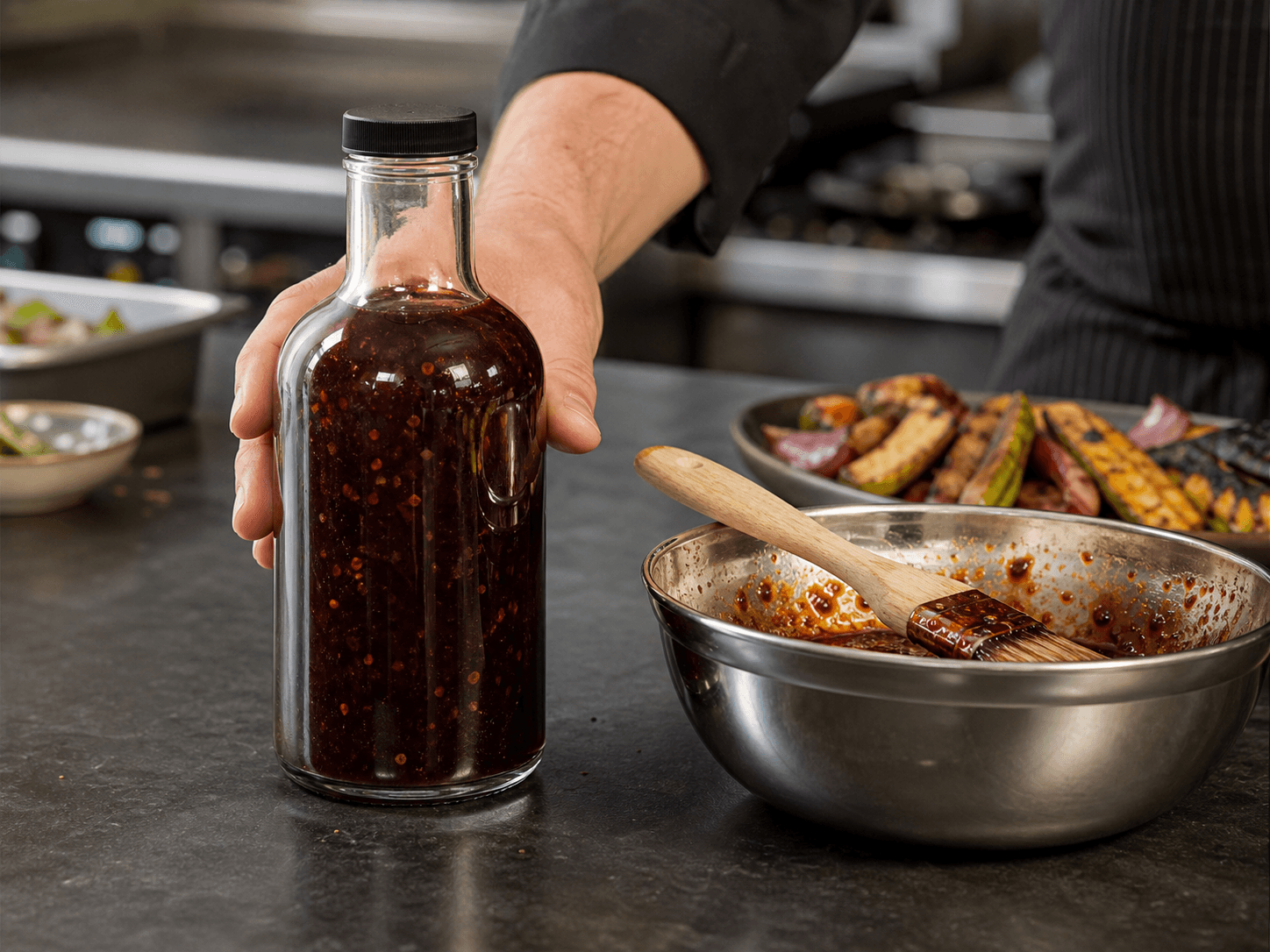 BBQ Sauce Bottle used for marinades, glazes & finishing sauce in a kitchen preparation setting