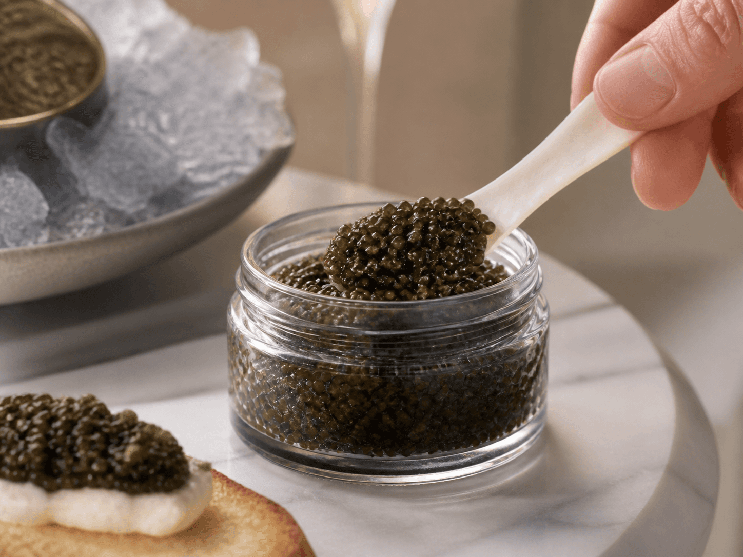 Caviar Jar used for lightly salted sturgeon caviar in a true caviar setting