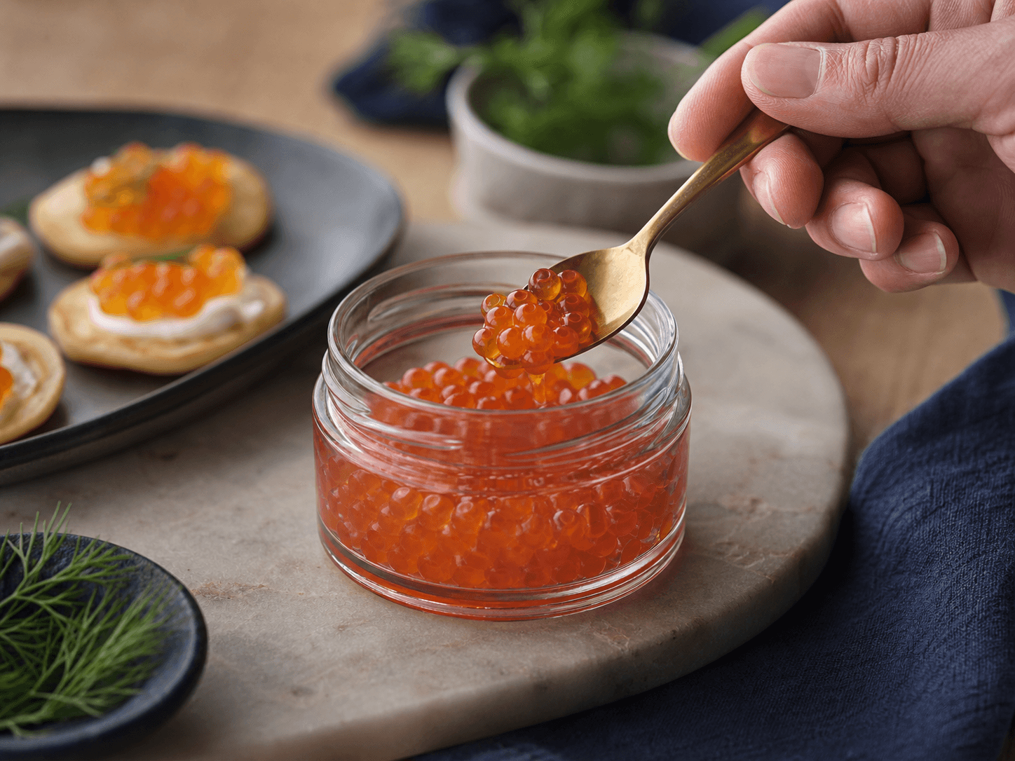Caviar Jar used for salmon, trout and ikura in a large-grain roe setting