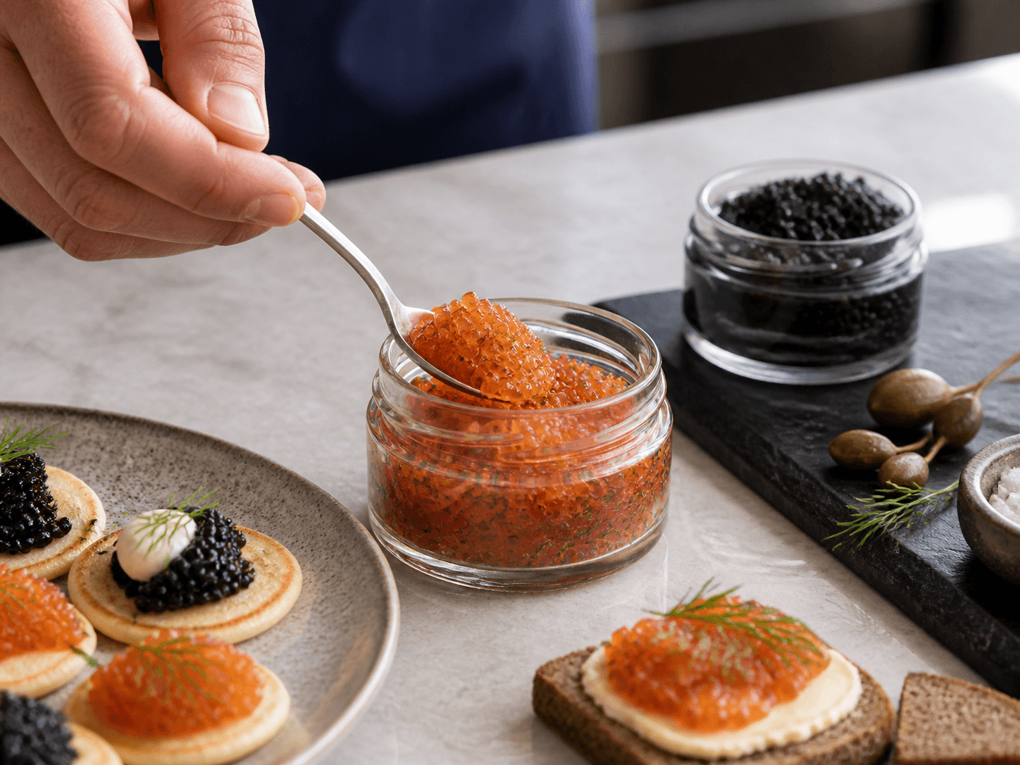 Caviar Jar used for lumpfish, capelin and seasoned roe in a prepared roe setting