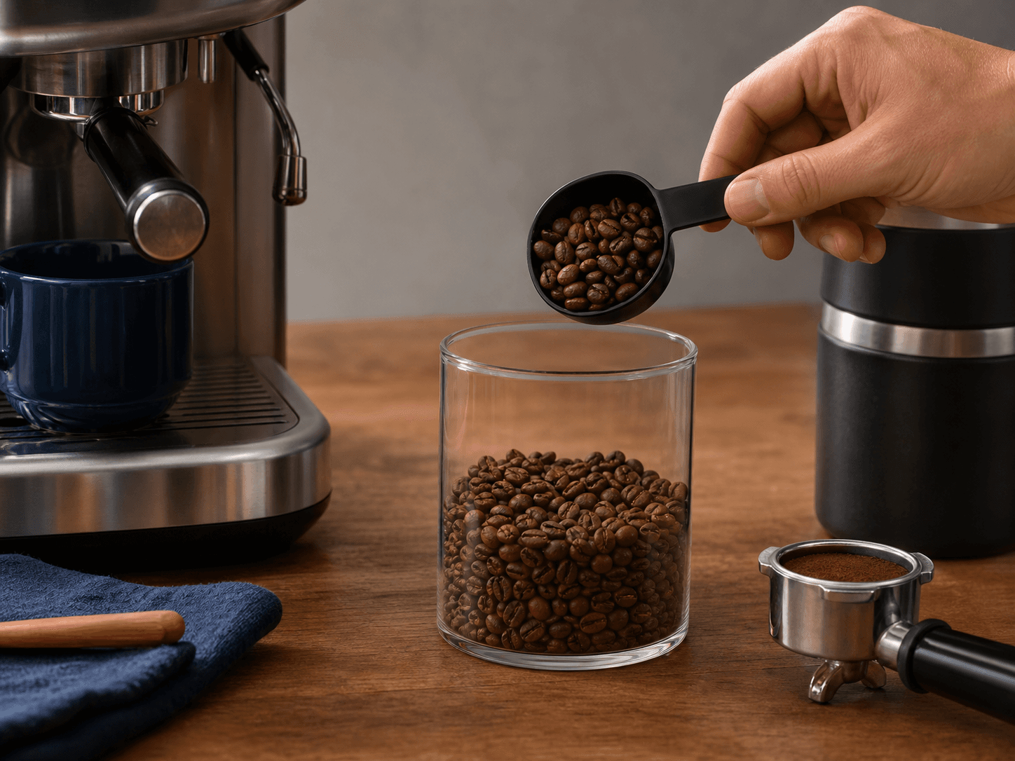 Coffee Jar used for daily espresso & filter doses in a whole-bean working stock setting