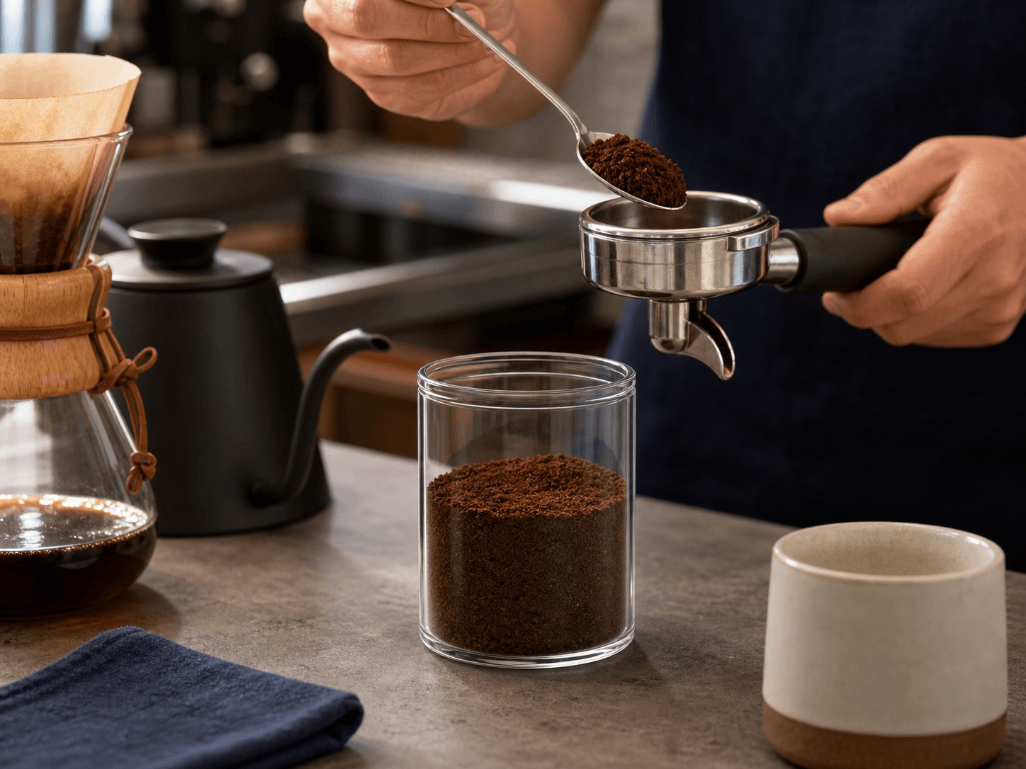 Coffee Jar used for short-cycle brew-bar service in a ground coffee setting