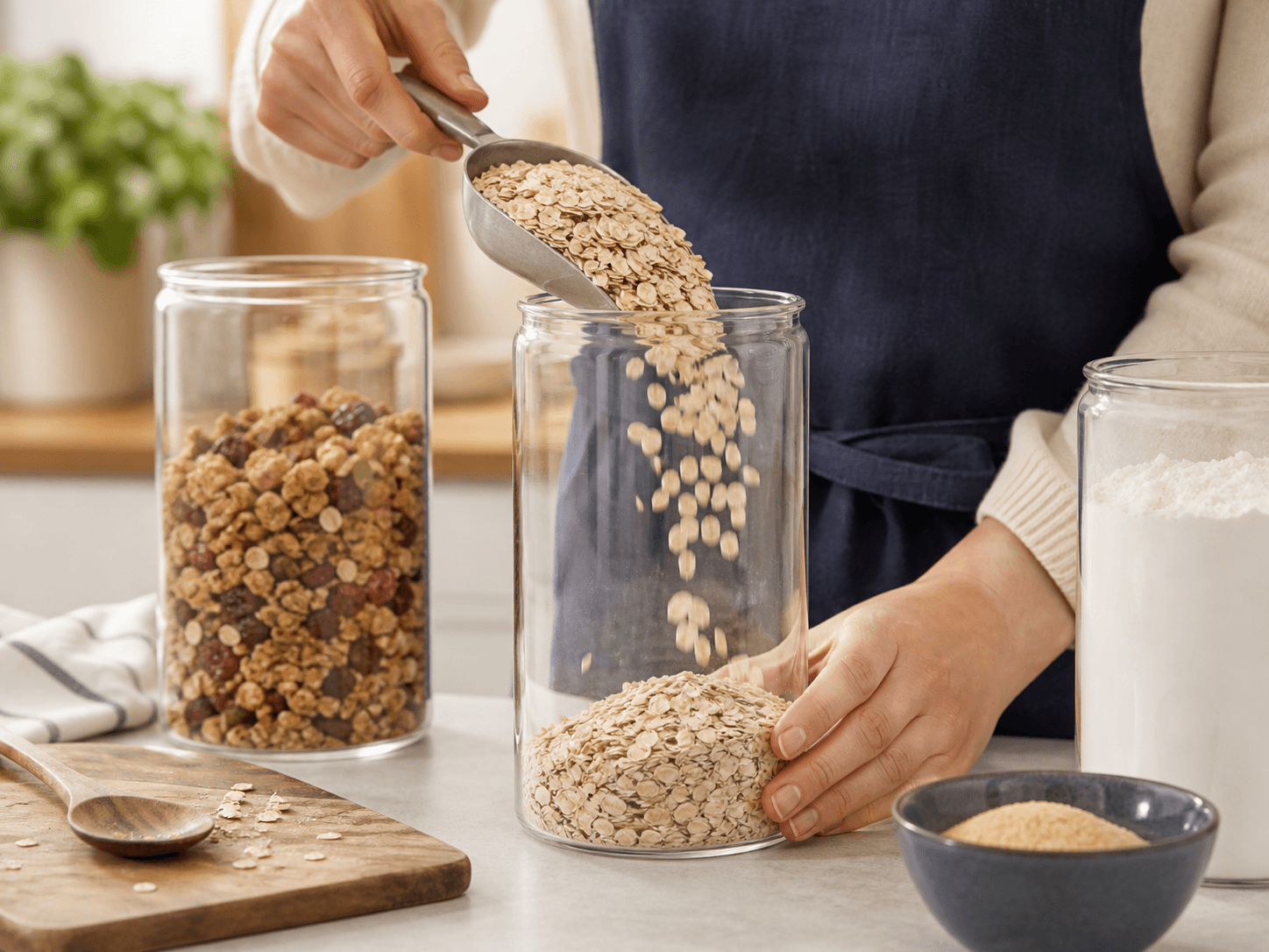 Dry Goods Storage Jar used for oats, granola, sugar & flour in a cereal & baking setting