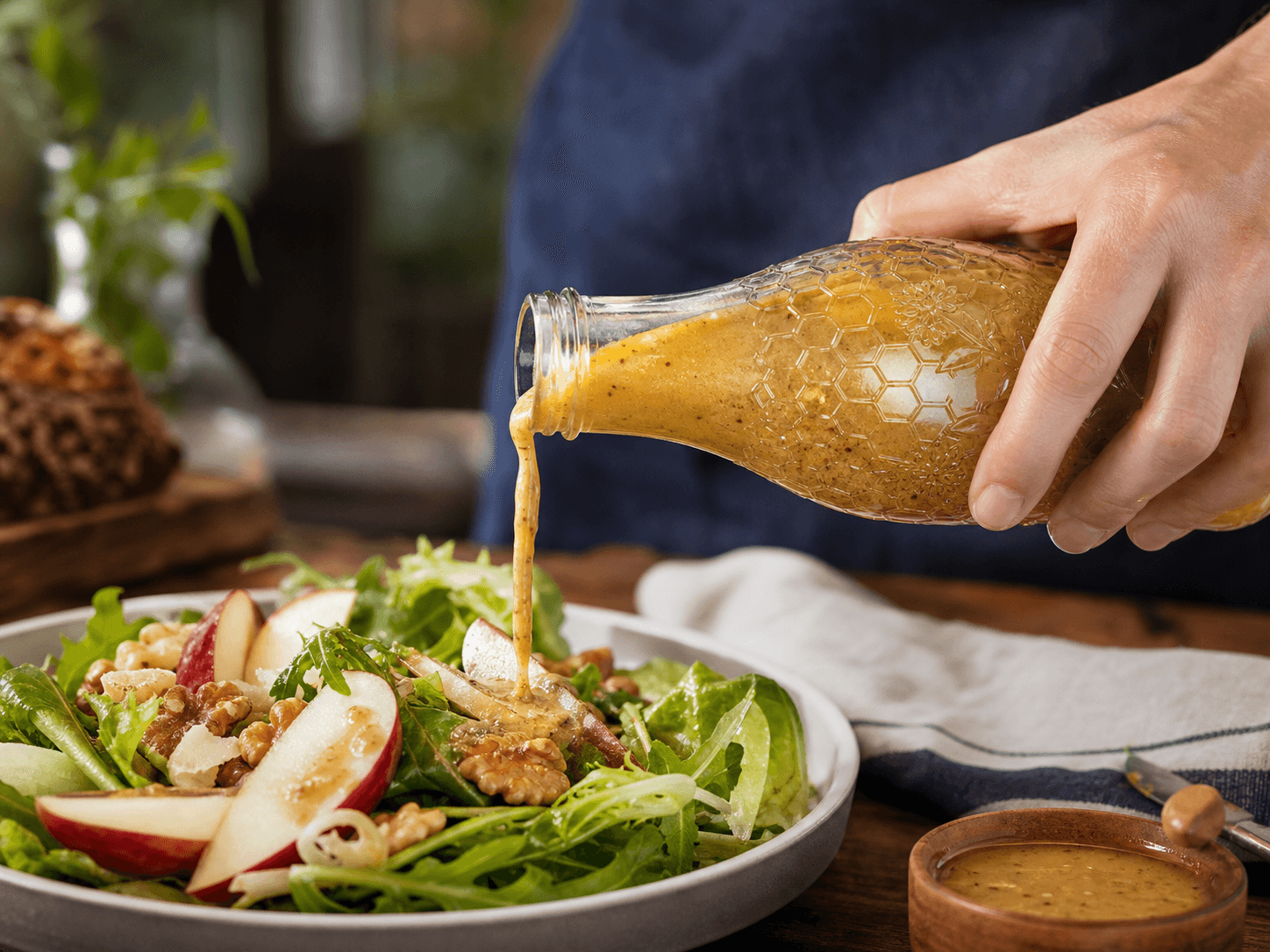 Embossed Sauce Bottle used for honey mustard, glaze and botanical syrup in a honey-led recipes setting