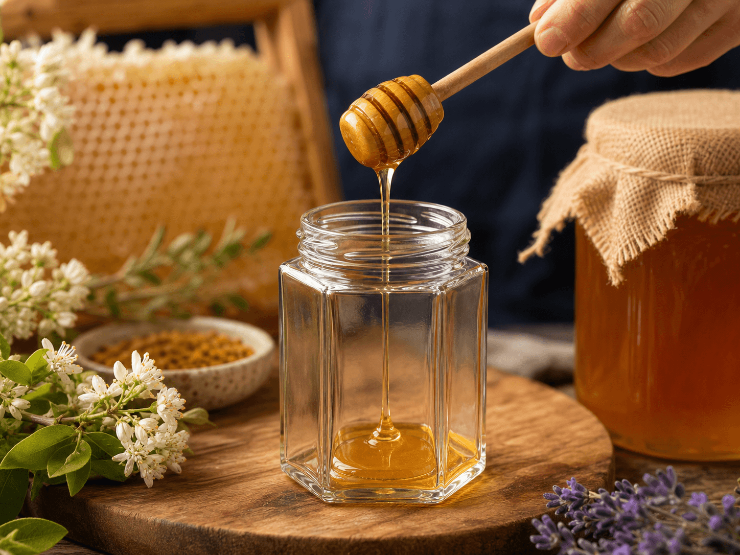 Hexagonal Honey Jar used for single-floral & regional selections in a origin-led honey setting