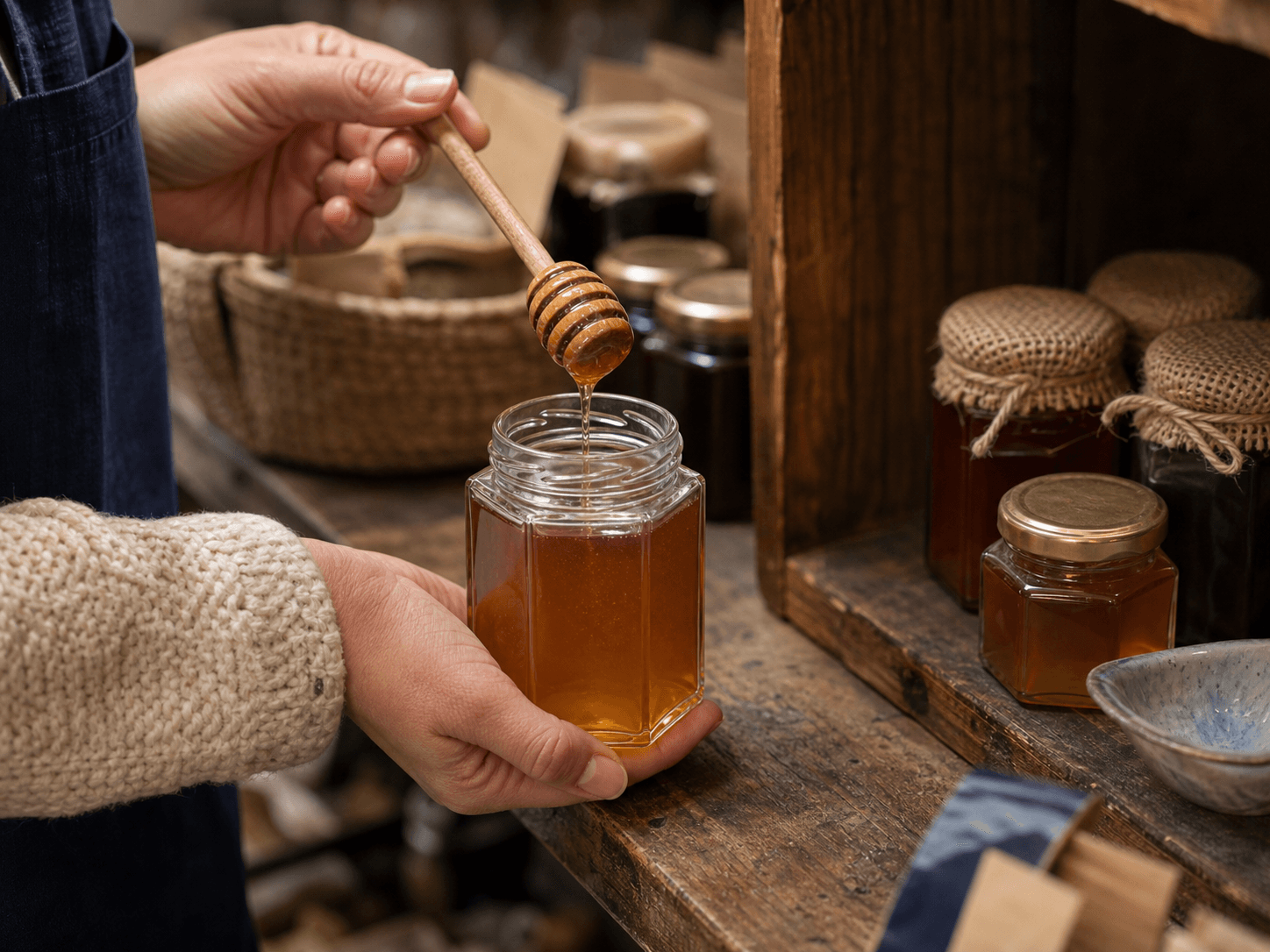 Hexagonal Honey Jar used for farm shops & delicatessen shelves in a specialty retail setting