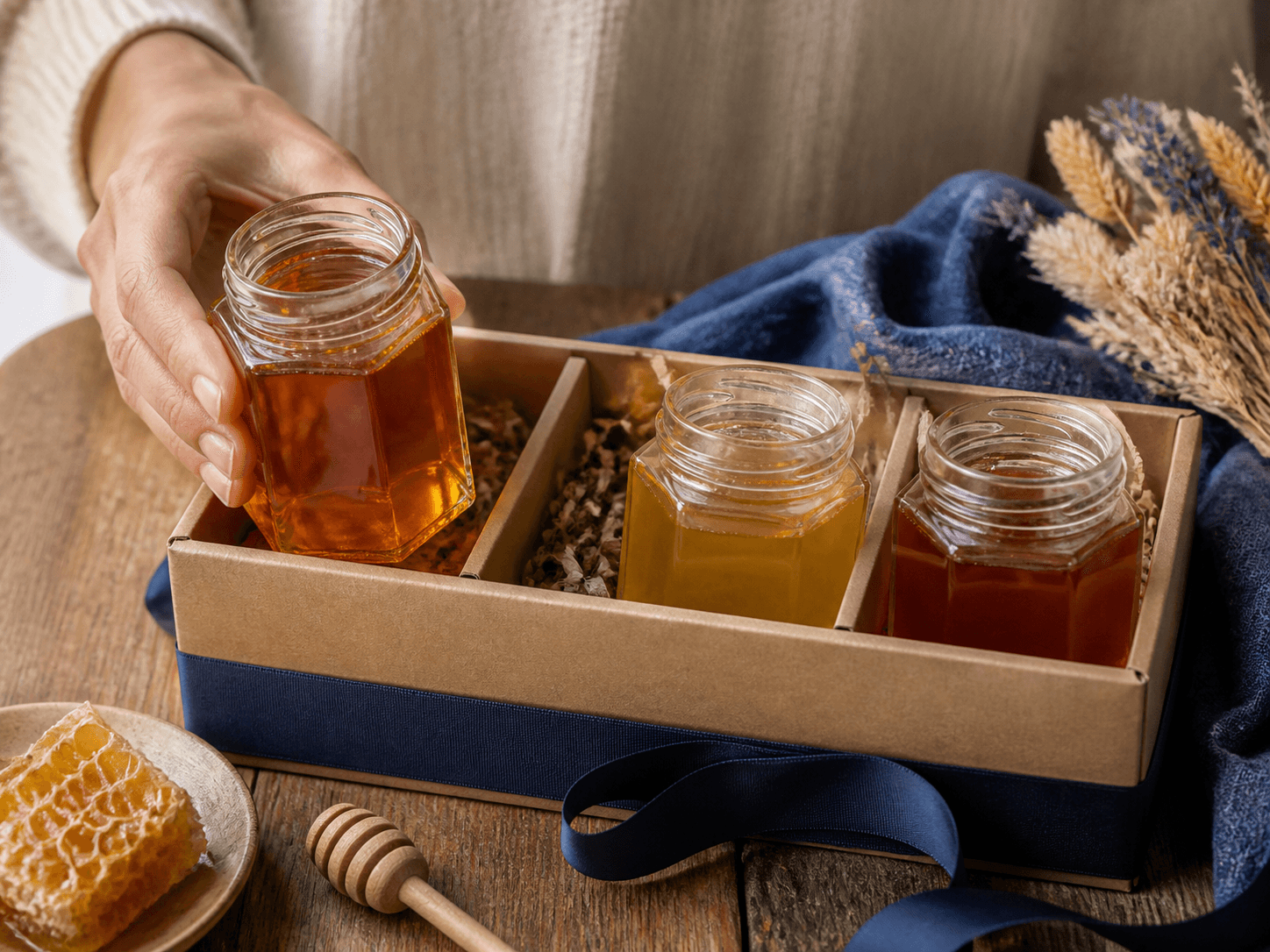 Hexagonal Honey Jar used for honey sets & seasonal assortments in a curated gifting setting