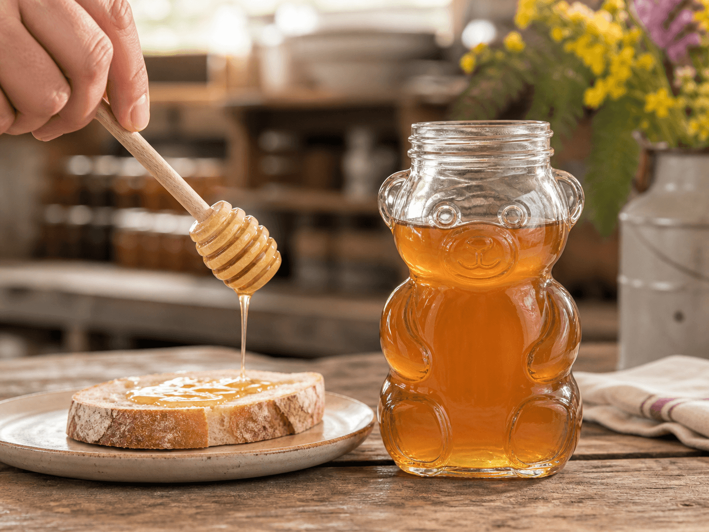 Honey Bear Bottle used for twelve-ounce everyday apiary pack in a farm-shop honey setting