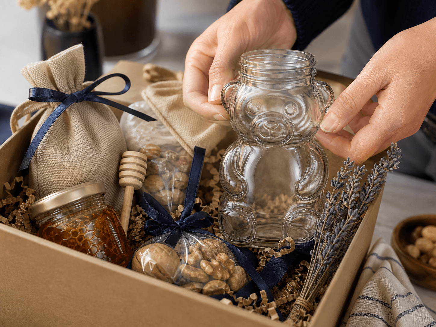 Honey Bear Bottle used for keepsake jars and food hampers in a gift honey setting