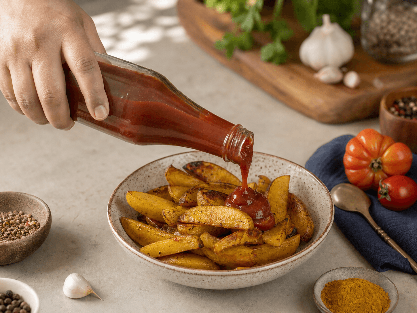 Ketchup Bottle used for curry ketchup & spiced tomato sauce in a recipe extension setting