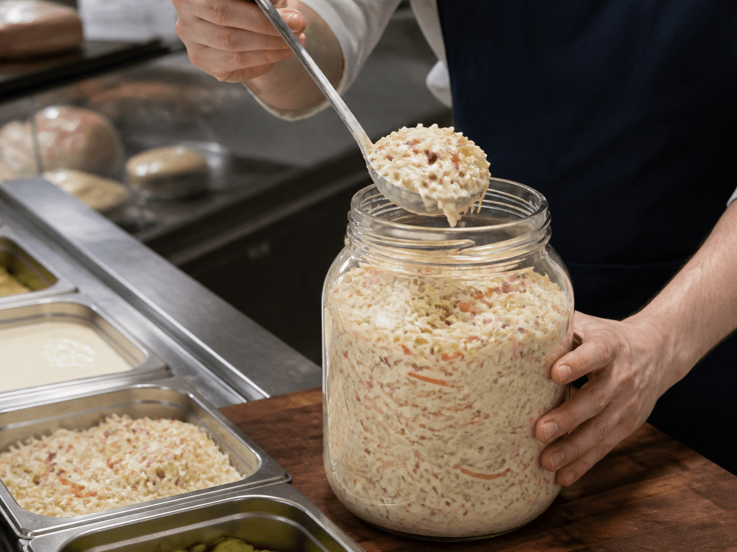 Mayonnaise Jar used for coleslaw dressing and spoonable deli sauce in a deli & foodservice setting