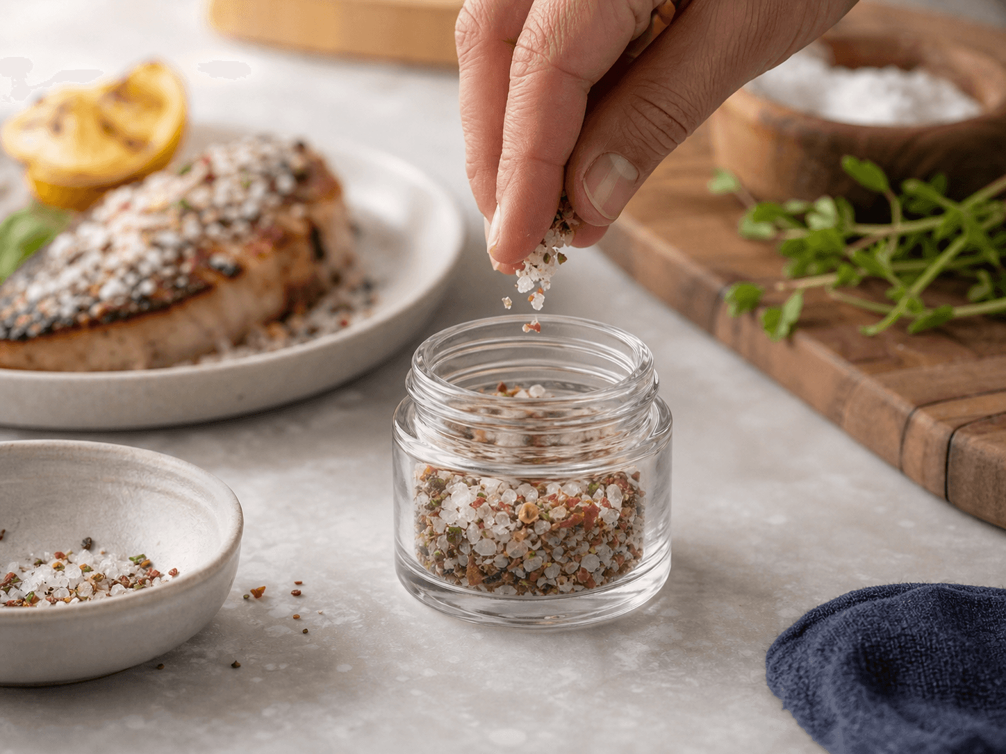 Mini Sample Jar used for spices, infused salts and finishing blends in a dry pantry setting