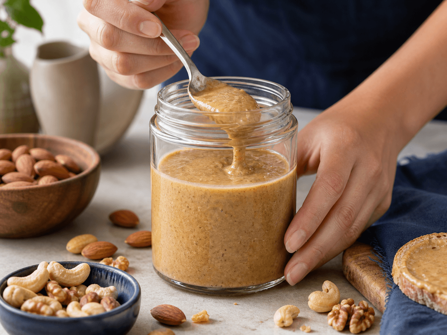 Nut Butter Jar used for almond, cashew & mixed-nut spreads in a natural nut butter setting
