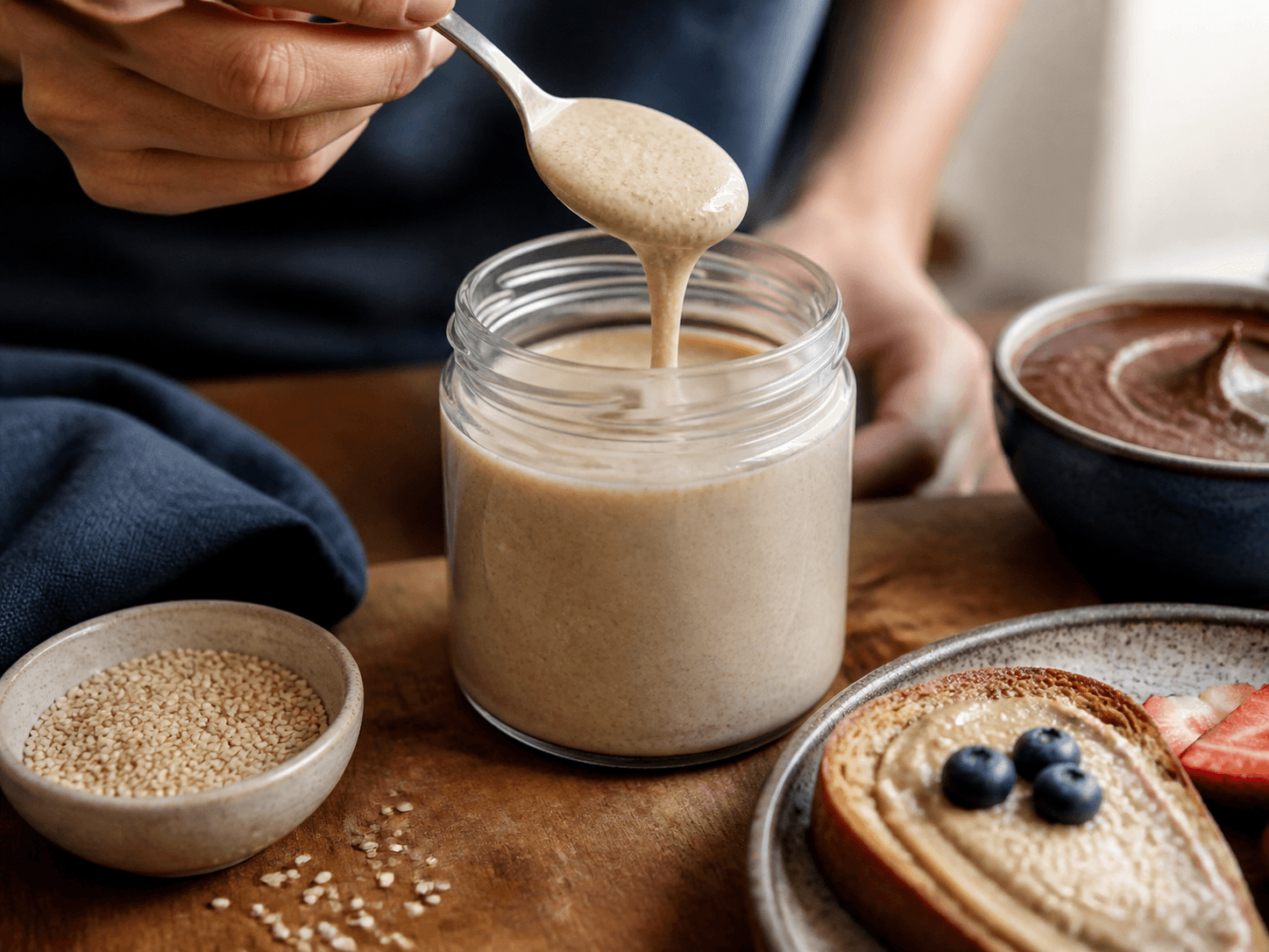 Nut Butter Jar used for tahini, sesame paste & cocoa-hazelnut formats in a seed & dessert spreads setting