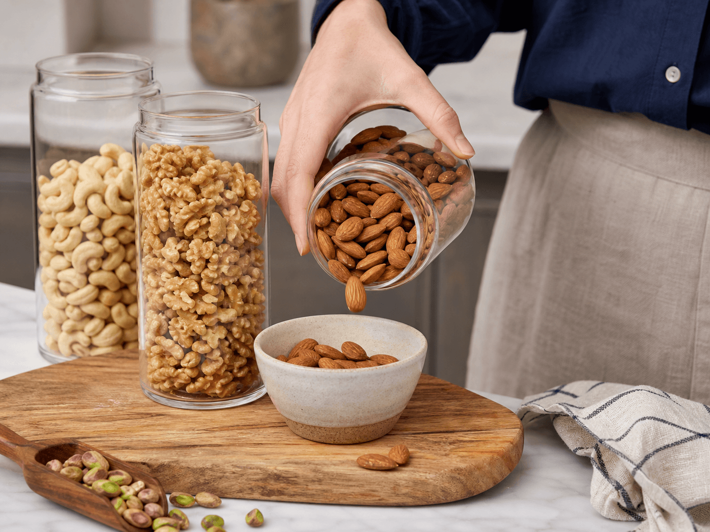 Nut Storage Jar used for almonds, cashews, walnuts & pistachios in a single-variety pantry setting