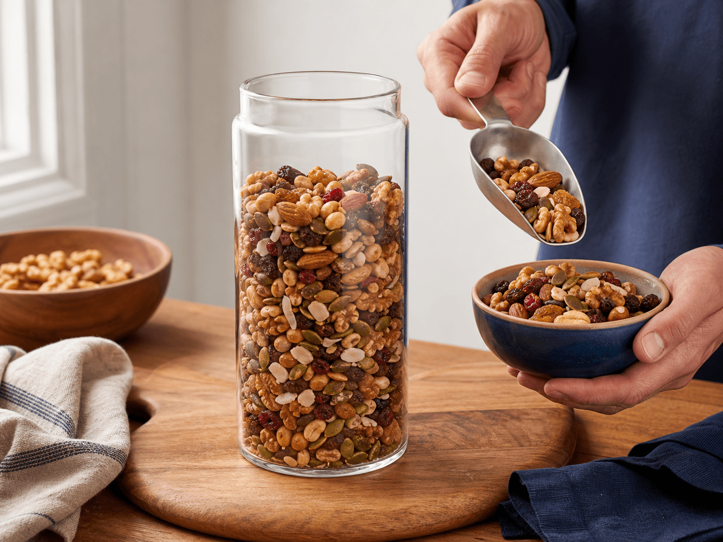 Nut Storage Jar used for trail mix, nut-and-fruit blends & seed mixes in a blended snack setting
