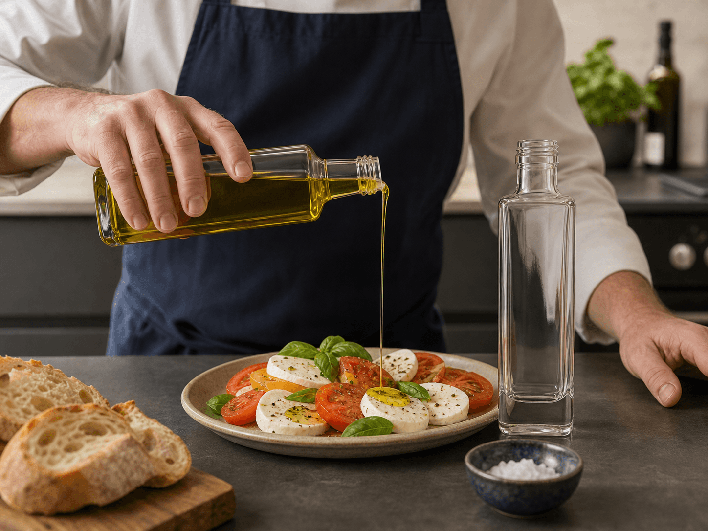 Olive Oil Bottle used for chef, tasting & table presentation in a finishing oil setting