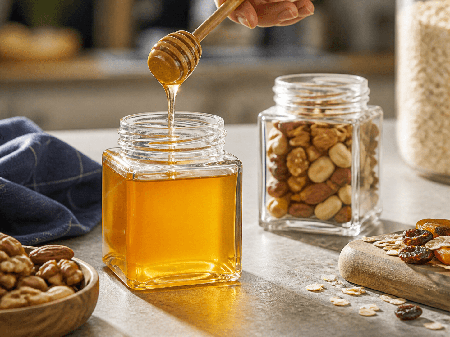 Paragon Jar used for honey, nuts and dry ingredients in a pantry range setting