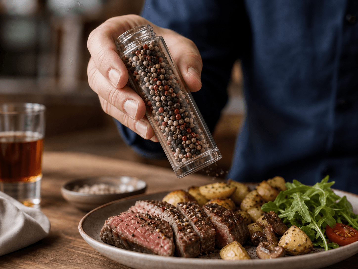 Pepper Grinder Bottle used for mixed peppercorns with visible color contrast in a pepper blends setting