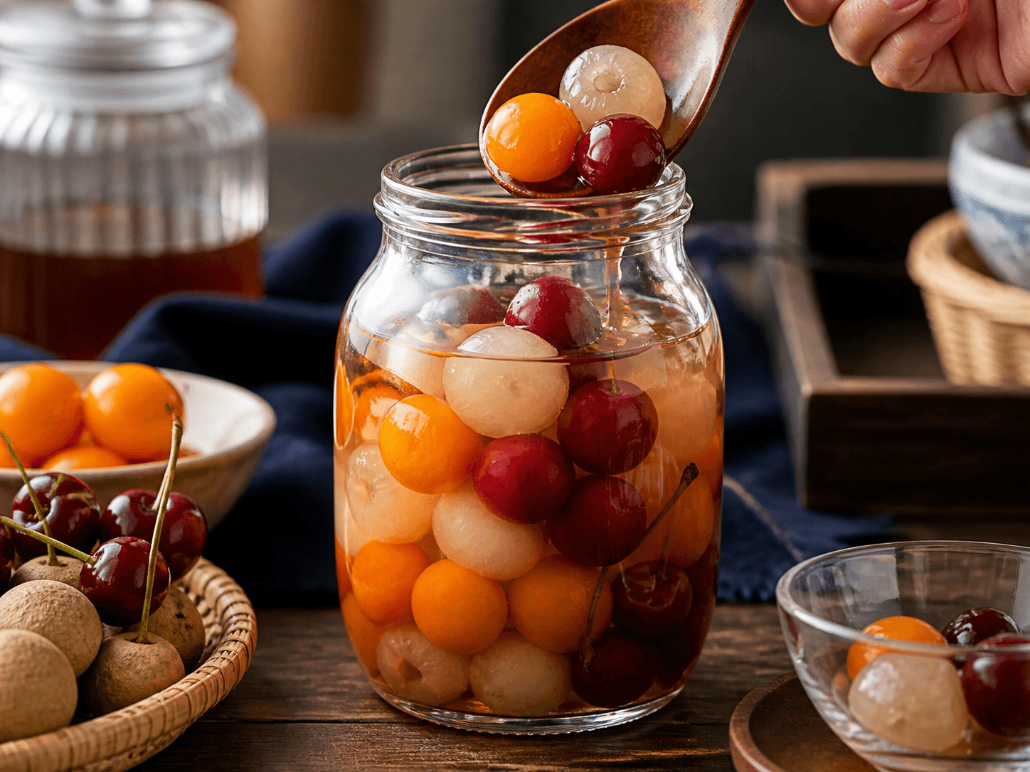 Preserved Fruit Jar used for cherries, lychees, longan & preserved kumquat in a whole specialty fruit setting