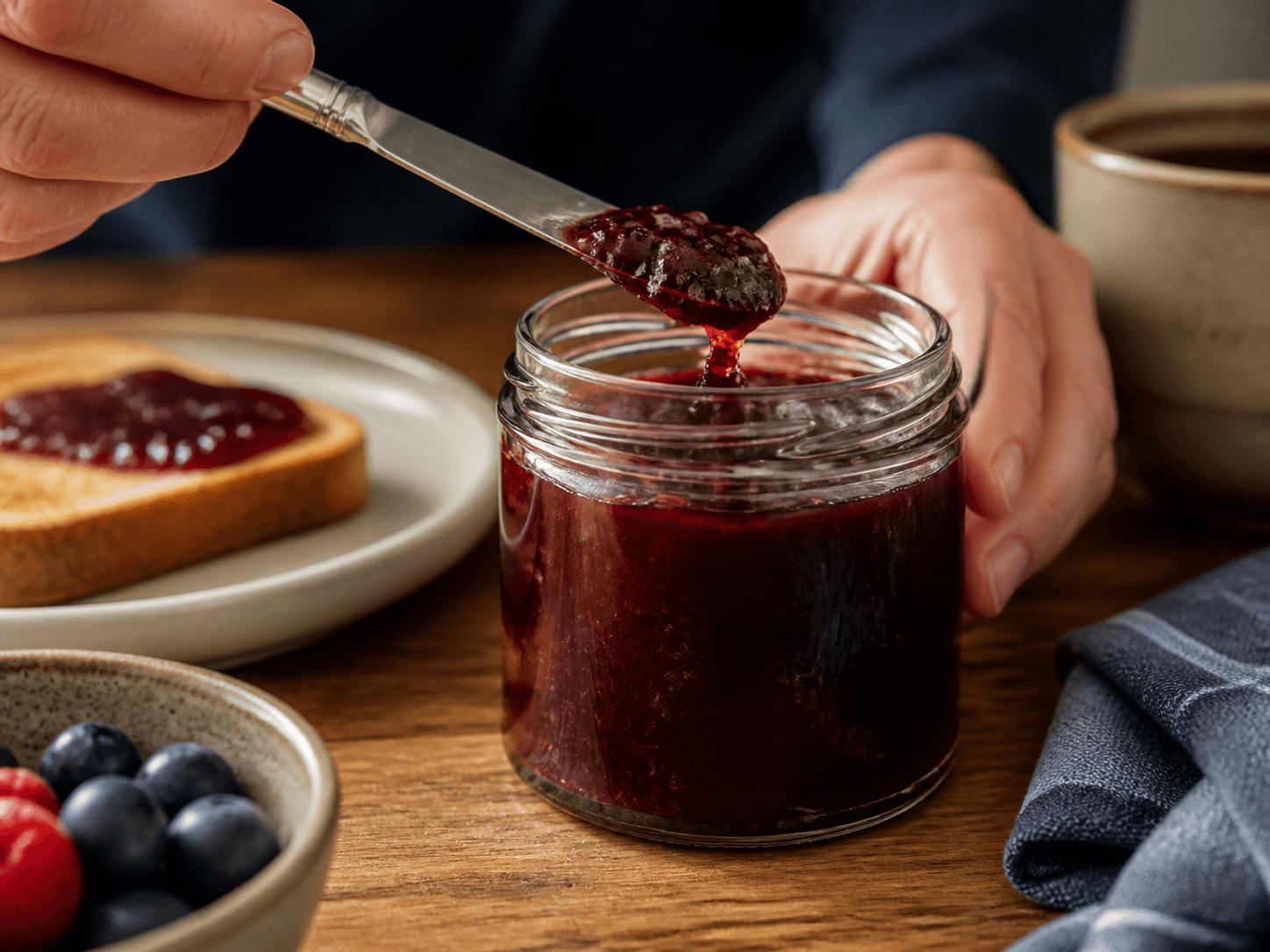 Round Jam Jar used for jam, jelly & marmalade in a breakfast preserves setting