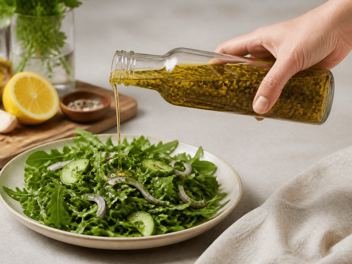 Salad Dressing Bottle used for herb dressings & pourable marinades in a visible ingredients setting