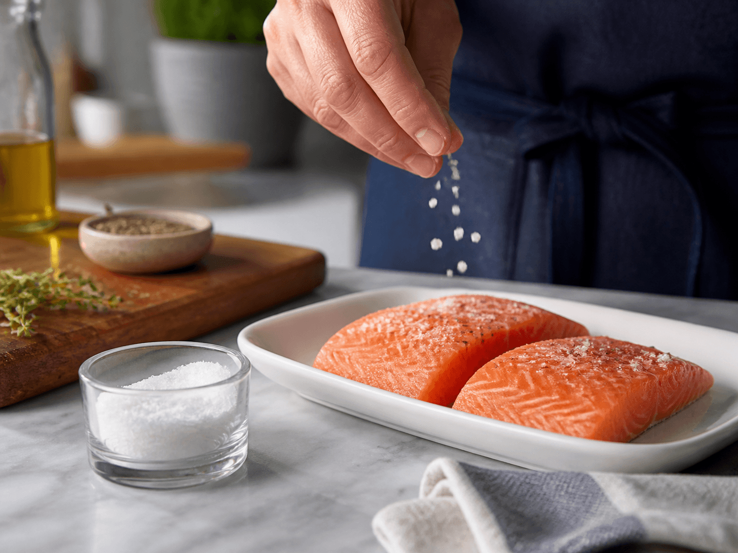 Salt Cellar used for kosher salt & everyday cooking salt in a kitchen mise en place setting