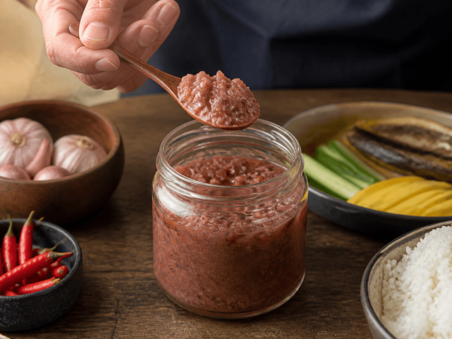 Seafood Paste Jar used for kapi, bagoong alamang & spoonable shrimp paste in a fermented shrimp condiment setting