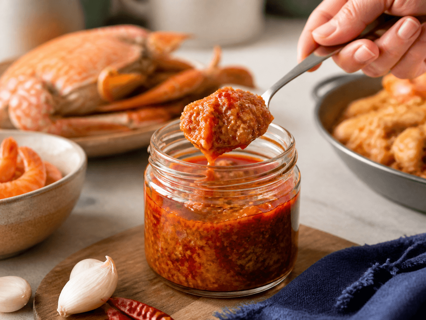 Seafood Paste Jar used for shrimp-chili, crab & seafood cooking pastes in a oil-rich savory paste setting