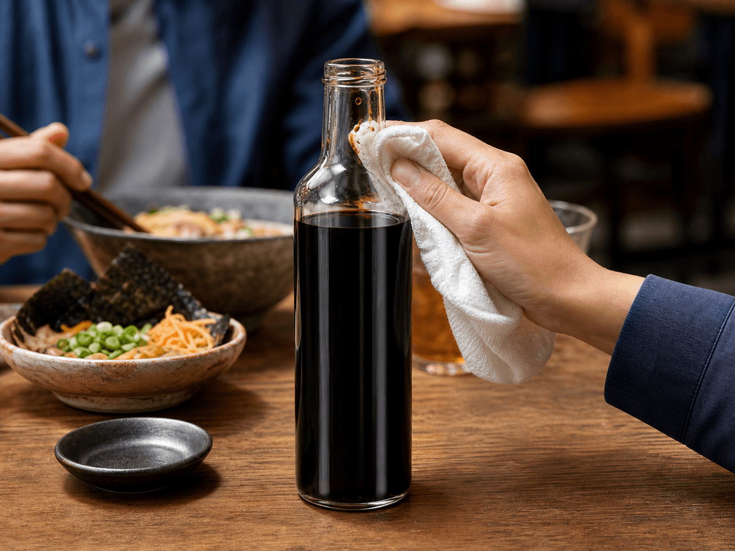 Soy Sauce Bottle used for dark soy sauce & seasoned blends in a restaurant tables setting