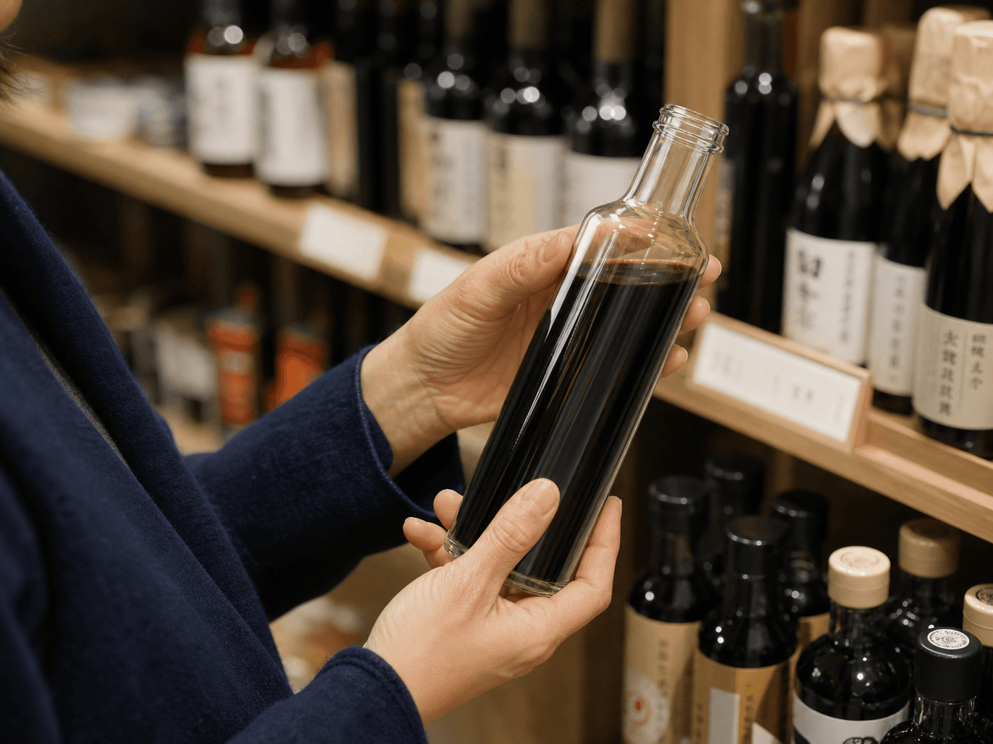 Soy Sauce Bottle used for first-draw, tamari-style & regional soy sauce in a delicatessen shelves setting