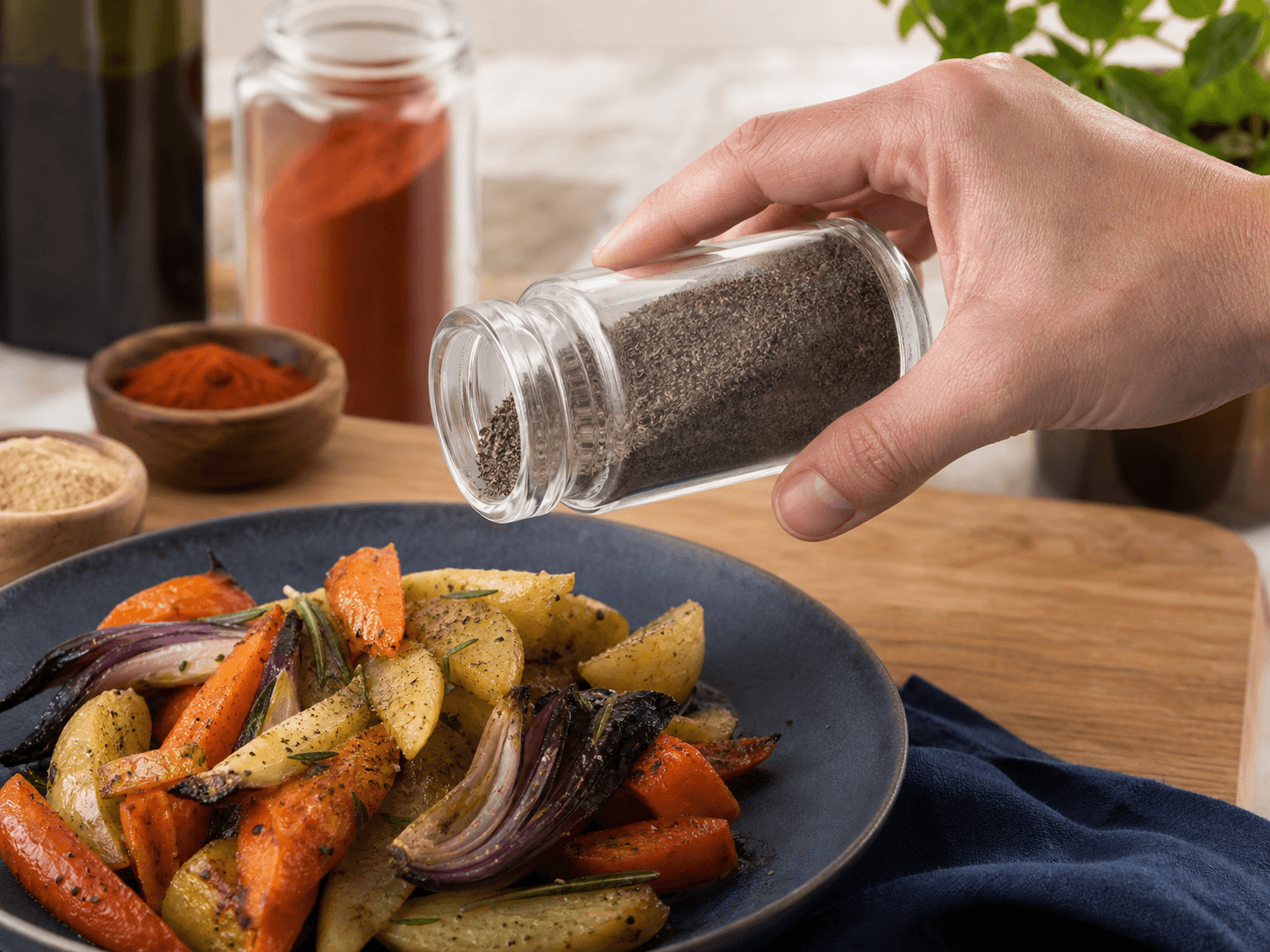Spice Shaker Bottle used for ground pepper, paprika & powdered seasonings in a fine powders setting