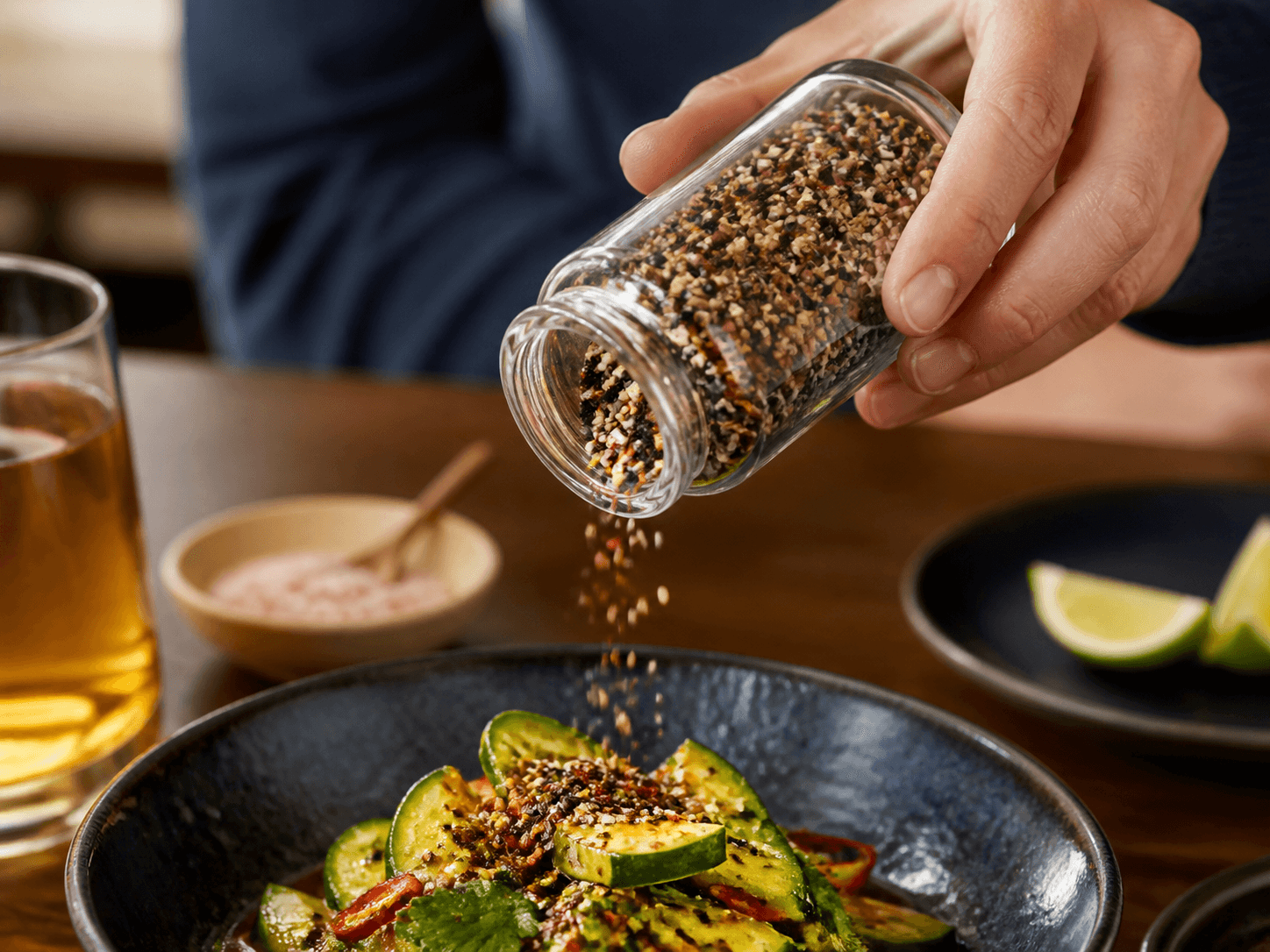 Spice Shaker Bottle used for sesame toppings, chili blends & specialty salts in a tabletop finishing setting