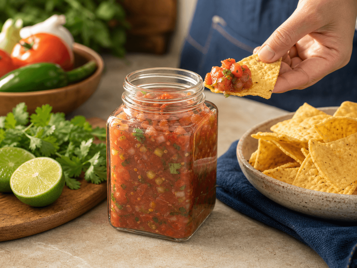 Square Mason Jar used for salsa, relish and chunky sauce in a fresh preserves setting