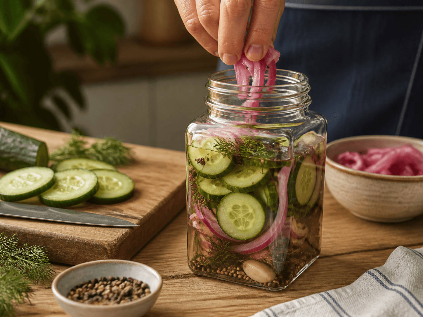Square Mason Jar used for vegetables and pantry garnishes in a pickled foods setting