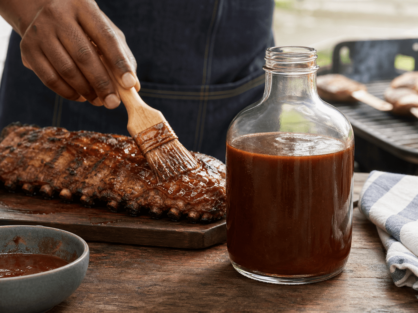 Stout Round Bottle used for barbecue sauce and smooth glaze in a cooked condiment setting