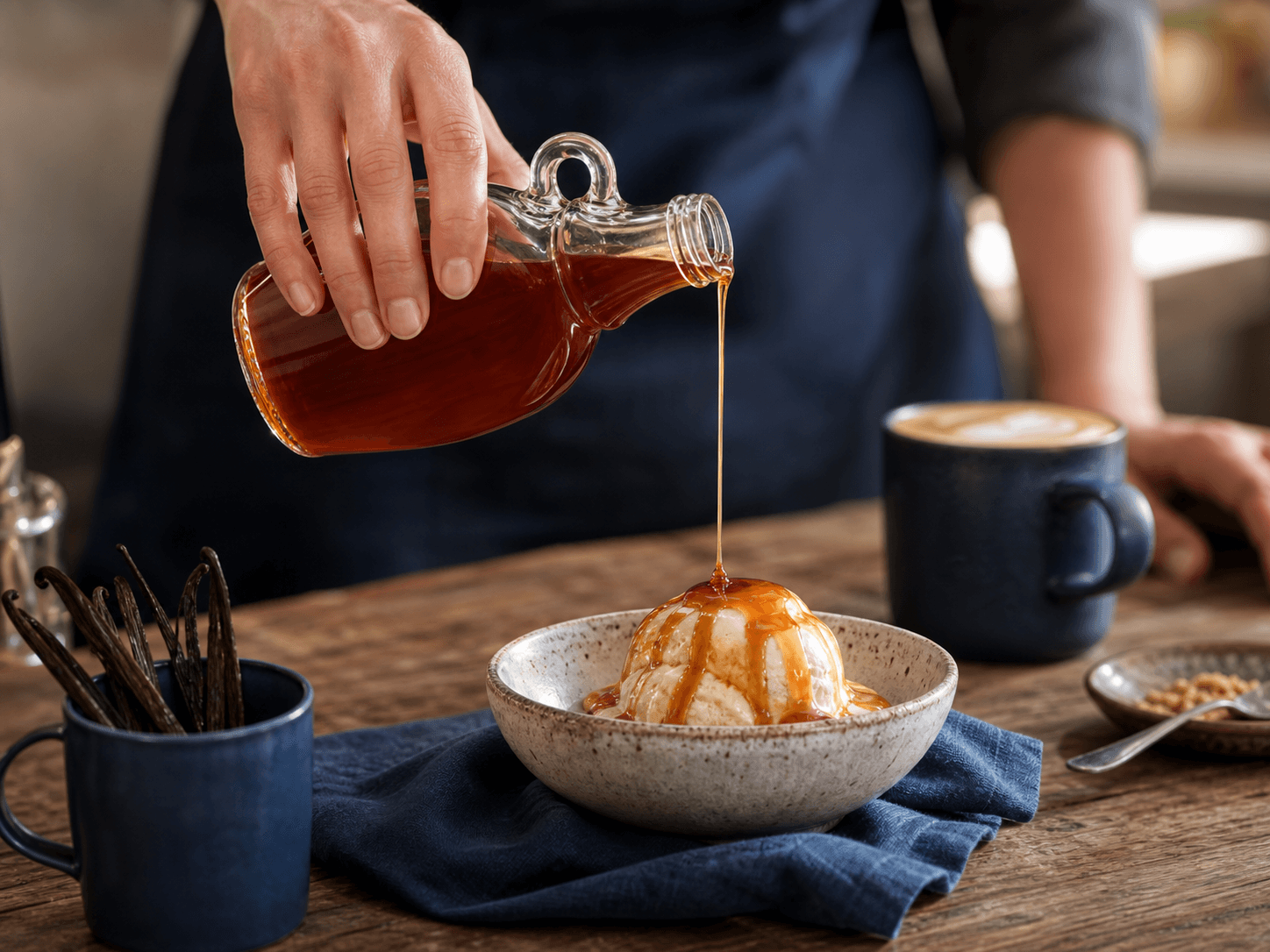 Syrup Bottle used for caramel, vanilla & concentrated sweeteners in a dessert & coffee syrup setting