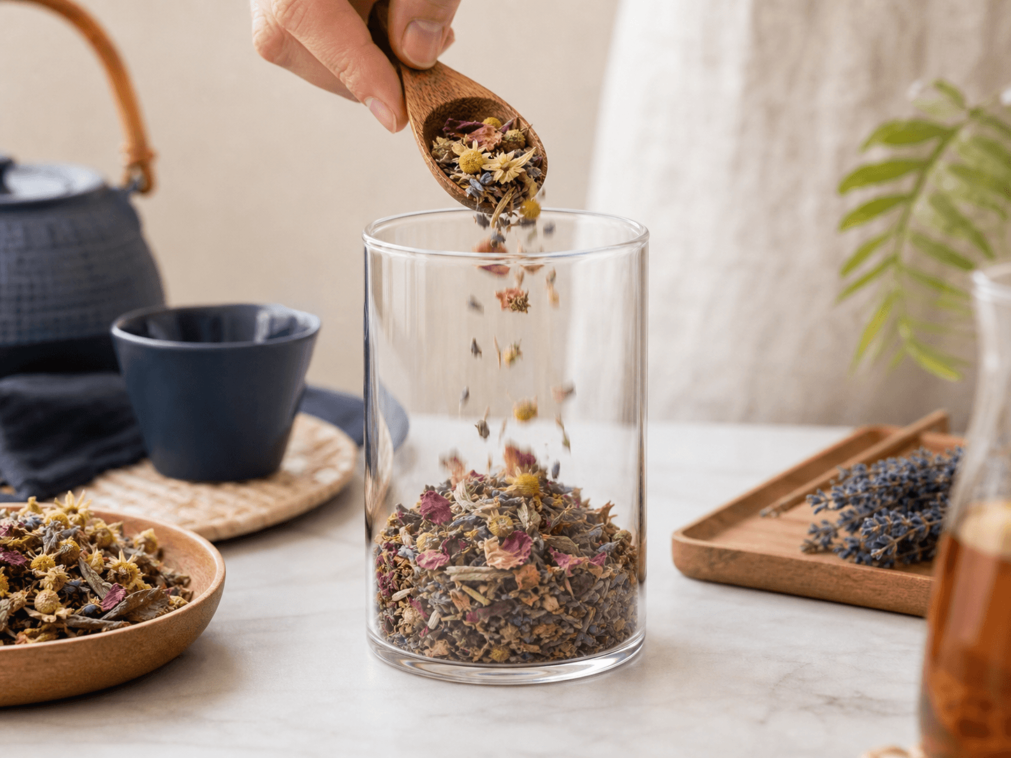 Tea Canister used for flowers, peel & herbal infusions in a botanical blends setting