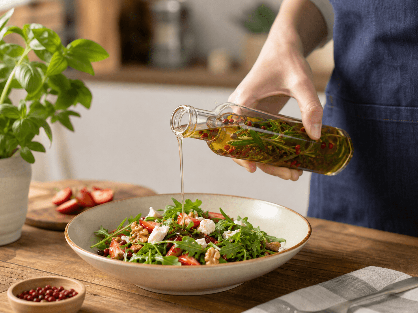 Vinegar Bottle used for herb-infused & flavored vinegar in a finishing range setting