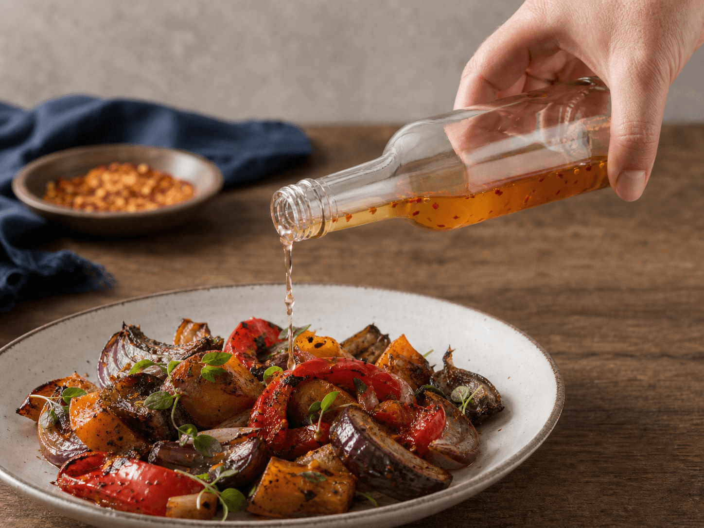 Woozy Bottle used for pepper vinegar and bright seasoning sauces in a thin condiment setting